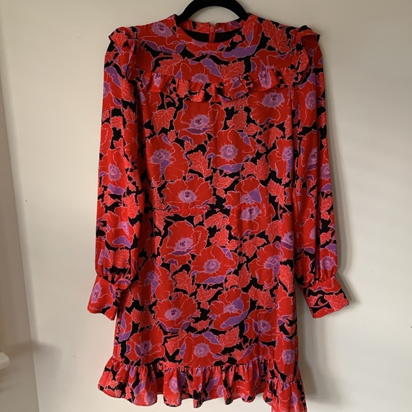 WHO WHAT WEAR purple red black floral ruffle hem dress SZ XS covered buttons - Picture 1 of 14